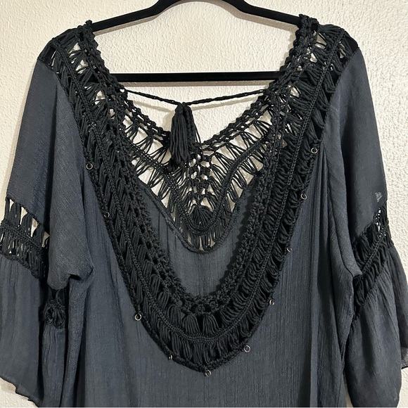 Woven Tassel Trim Dip Hem Black Beach Cover-up Low Back Dress - Picture 7 of 7